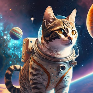 Groot decoupagepapier voor meubels - Rijstpapier voor decoupage - Galactische kat - Decoupagepapier - Kleurrijke planeten en sterren - Astronaut