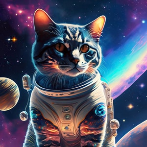 Groot decoupagepapier voor meubels - Rijstpapier voor decoupage - Galactische kat - Decoupagepapier - Kleurrijke planeten en sterren - Astronaut
