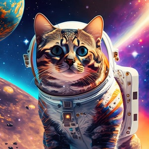 Groot decoupagepapier voor meubels - Rijstpapier voor decoupage - Galactische kat - Decoupagepapier - Kleurrijke planeten en sterren - Astronaut