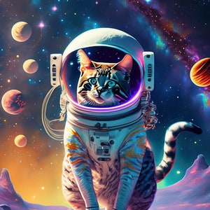 Groot decoupagepapier voor meubels - Rijstpapier voor decoupage - Galactische kat - Decoupagepapier - Kleurrijke planeten en sterren - Astronaut