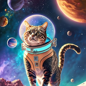 Grand papier de découpage pour meubles - Papier de riz pour découpage - Chat galactique - Papier de découpage - Planètes et étoiles colorées - Astronaute