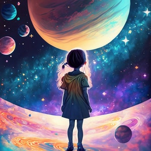 Papel de decoupage grande para muebles - Papel de arroz para decoupage - Galactic Child - Papel para decoupage - Planetas y estrellas del espacio