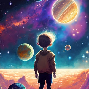 Papel de decoupage grande para muebles - Papel de arroz para decoupage - Galactic Child - Papel para decoupage - Planetas y estrellas del espacio