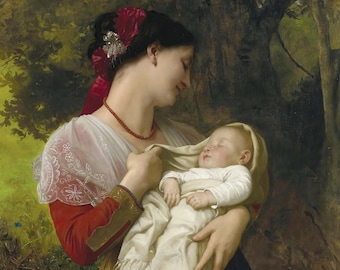 May include: A woman in a white dress with red and gold accents holds a sleeping baby wrapped in a white blanket. The woman is wearing a red headband with a pearl ornament. The scene is set in a forest with green foliage.