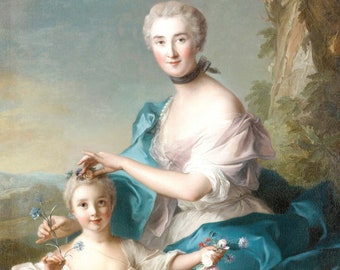 May include: A woman in a blue and white dress is placing a flower crown on the head of a young girl in a white dress. The woman is holding a bouquet of flowers in her other hand. The background is a soft blue and green landscape.