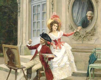Puede incluir: Un hombre con un abrigo rojo se sienta en una silla y pinta un retrato mientras una mujer con un vestido blanco y un hombre con un abrigo azul miran.