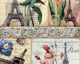 Puede incluir: Un collage de imágenes vintage con la Torre Eiffel, flores y una bicicleta. Las imágenes están dispuestas en una cuadrícula y tienen un aspecto descolorido y antiguo. El texto "París" aparece en la esquina superior derecha y la esquina inferior derecha de la imagen.