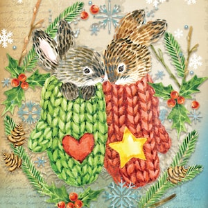 Lovely Rabbits - Merry Christmas - Decorative Christmas Paper - Decoupage for Furniture - Large Size Options
