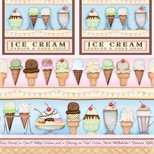 May include: A colorful illustration of an ice cream parlor with a variety of ice cream cones, sundaes, and milkshakes. The text "ICE CREAM PARLOR & SODA SHOP" is repeated throughout the image. The caption reads "One Scoop or Two? Whip Cream and a Cherry on Top! Extra Thick Milkshake! Banana Split"