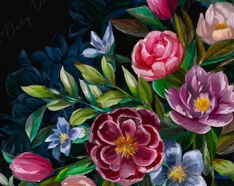 Papel de decoupage floral - Papel de arroz para muebles - Fondo oscuro - Flores de primavera