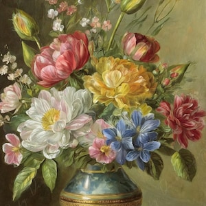 Decoupage Papier Floral - Reispapier für Möbel - Dunkler Hintergrund - Frühlingsblumen - Vase - Stillleben