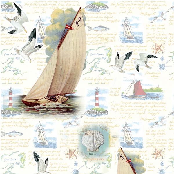 Large Decoupage Paper - Decoupage Art - Rice Paper for Decoupage - Decoupage for Furniture - Vintage Decoupage - Sailing Lighthouse Birds