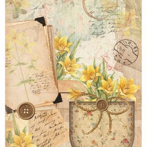 Decoupage Floral Vintage Amarelo - Arte Decoupage - Papel de Arroz Grande para Decoupage - Artesanato Decoupage - Transferências Decoupage