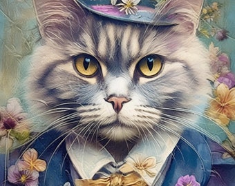 Large Decoupage Paper for Furniture - Cat Portrait - Rice Paper - Decoupage Paper - Tiny Floral Hat
