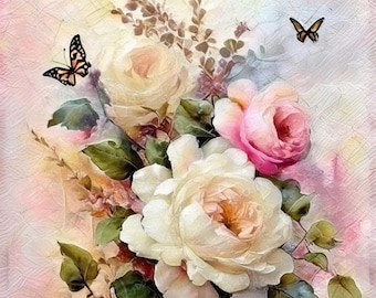 May include: A bouquet of white and pink roses with green leaves and three butterflies. The butterflies are orange, brown, and white with black markings.