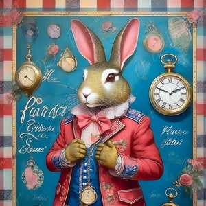 Alicia en el país de las maravillas - Papel de decoupage grande - 6 tamaños - Conejo con vestido rojo - Tiempo