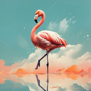 May include: A pink flamingo stands on one leg in a blue and orange watercolor landscape. The flamingo is reflected in the water below.