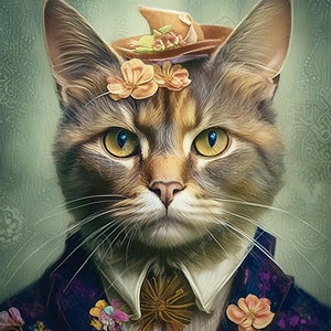 Large Decoupage Paper for Furniture - Cat Portrait - Rice Paper - Decoupage Paper - Tiny Floral Hat