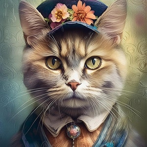 Grand papier de découpage pour meubles - chat avec chapeau floral - papier de riz - papier de découpage - portrait d'animal - yeux jaunes