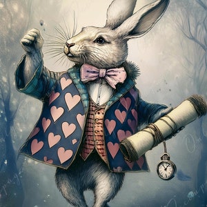 Märchen Alice - Großes Decoupage Papier - 6 Größen Optionen - Kaninchen mit Herz Jacke - Zeit
