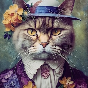 Grand papier de découpage pour meubles - chat avec chapeau - papier de riz - papier de découpage - portrait floral
