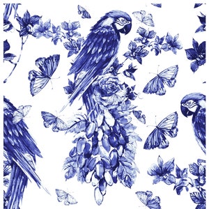 Blue Parrot, Butterfly and Flowers Decoupage Paper for Furniture - Large Rice Paper Decoupage