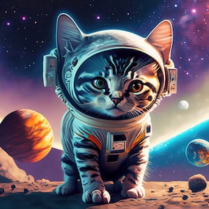Carta da Decoupage Grande per Mobili - Carta di Riso per Decoupage - Gatto Galattico - Carta da Decoupage - Pianeti e Stelle Colorate - Astronauta