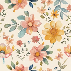 Papel floral para decoupage - Patrón repetitivo - 6 tamaños - Acuarela, amarillo y blanco