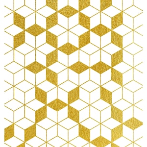 May include: A geometric pattern of gold squares and rectangles on a white background. The squares and rectangles are arranged in a repeating pattern, creating a sense of depth and dimension.
