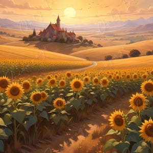Girasoles - 6 tamaños - Papel de decoupage grande para muebles - Campo verde y amarillo - Papel de arroz - Pueblo - Atardecer