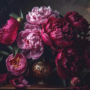 以下が含まれることがあります： ピンクと赤の色合いのシャクヤクのブーケを描いた静物画。花は装飾的な金の花瓶にアレンジされています。暗い背景は、花の鮮やかな色を際立たせています。
