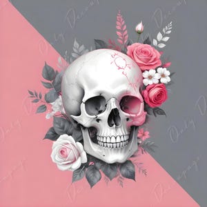 Papel para decoupage - 6 opciones de tamaño - Colección Halloween - Calavera floral rosa y gris