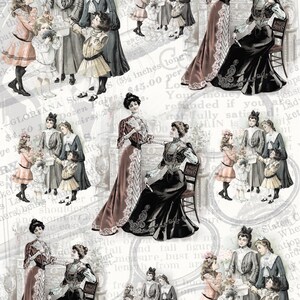 May include: A vintage illustration featuring women in long dresses and children in various poses. The women are wearing hats and holding bouquets of flowers. The illustration is set against a background of text and patterns.