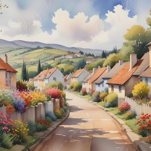 Papel para decoupage - Tamaño 6 - Pueblo europeo con flores de colores - Papel de arroz