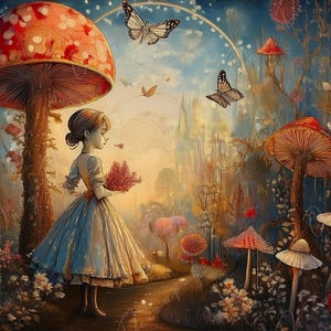 Alicia en el país de las maravillas - Papel de decoupage grande - 6 tamaños - Hongo gigante rojo - Mariposa