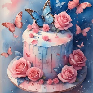 Papel de decoupage grande de cuento de hadas - 6 tamaños - Pastel de bodas con flores - Mariposa