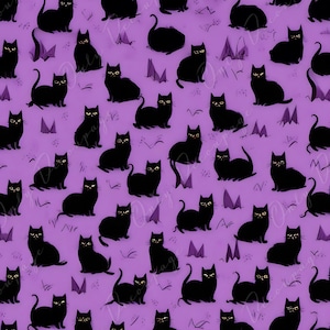 Papel Decoupage - 6 Opções de Tamanho - Coleção Halloween - Padrão de Gato Preto e Roxo