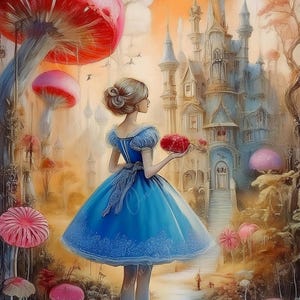 Fairytale Alice - Carta per decoupage grande - 6 opzioni di formato - Fungo rosso gigante - Castello