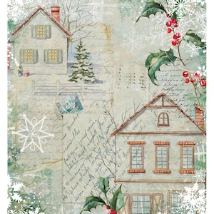 Großes Decoupage Papier - Weihnachtskollektion - Haus Schnee - 6 Größen Optionen - Grüner Ilexbusch