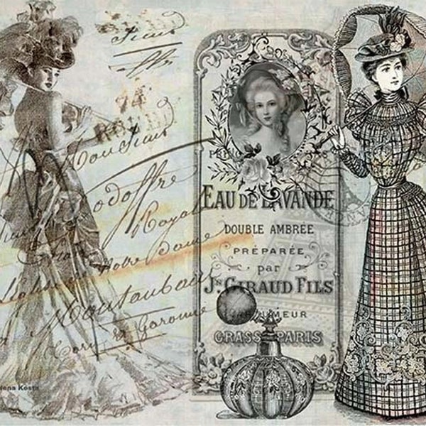 Moda vintage da donna del 1890 - Carta decorativa per decoupage - per mobili - Opzioni di grandi dimensioni [Grigio Bianco]