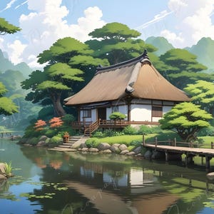 Papel para decoupage - Tamaño 6 - Casa tradicional japonesa del lago - Papel de arroz