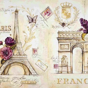 Francia París Torre Eiffel Calle de los Campos Elíseos - Papel decorativo para decoupage - Para muebles - Opciones de gran tamaño [Blanco Beige Rosa]