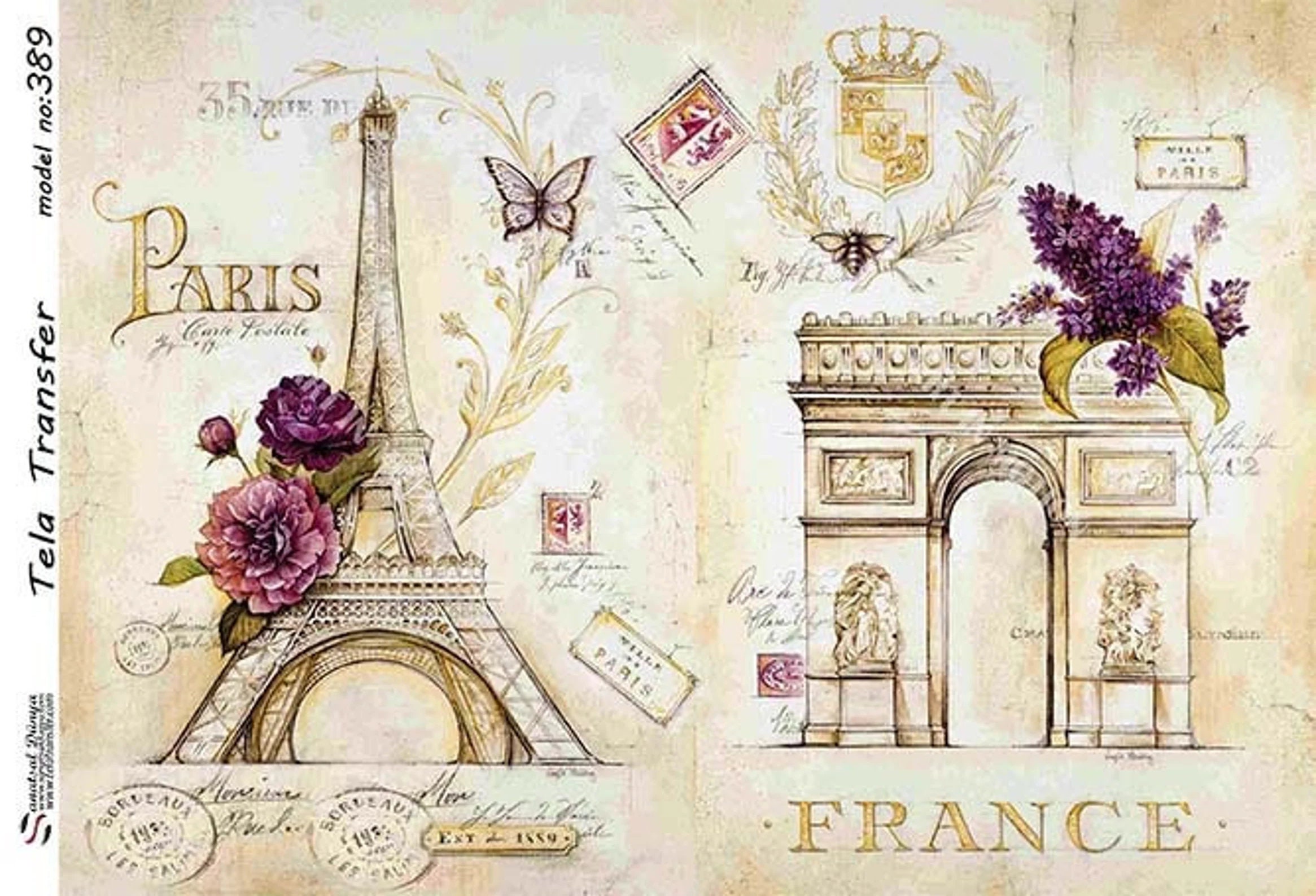 フランス　ついたて　ヴィンテージ 古地図　デコパージュ　ハンドメイド フランス パリ エッフェル塔 シャンゼリゼ通り - 装飾用デコパージュ紙