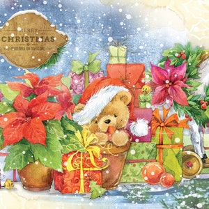 Natale - Orsetto di peluche - Caro Babbo Natale - Regalo - Cavallo - Carta decorativa natalizia - Decoupage per mobili - Opzioni di grandi dimensioni