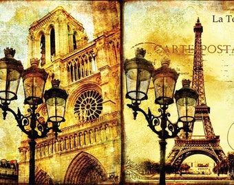 Puede incluir: Un collage de imágenes de estilo vintage con dos monumentos parisinos: la Catedral de Notre Dame y la Torre Eiffel. La imagen está en tono sepia y tiene un aspecto desgastado y envejecido. El texto "La Tour" y "CARTE POSTAL" es visible en la imagen.