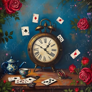 Fairytale Alice - Carta da decoupage per mobili - 6 opzioni di formato - Rose rosse - Orologio vintage
