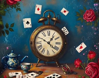 May include: A vintage gold alarm clock with Roman numerals on the face, surrounded by red roses and playing cards on a wooden table. The clock is set to 10:10.