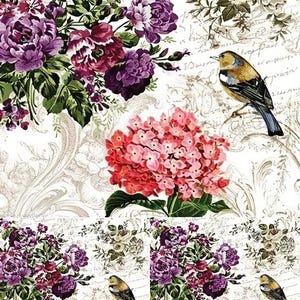 Floral - Pássaro - Papel Decoupage Decorativo - Para Móveis - Opções de Tamanho Grande [ Rosa Roxo Verde Branco ]