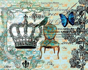 Crown Chair Butterfly - Queen Decorative Decoupage Paper - for Furniture - Large Size Options [ Blue Green Black ]