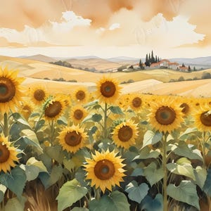 Girasoles - Papel de decoupage grande para muebles - 6 tamaños - Campo verde amarillo - Papel de arroz - Acuarela